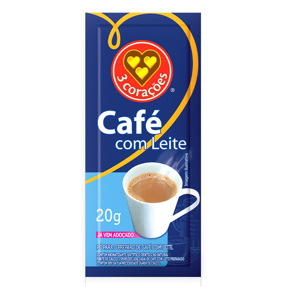 Café com Leite em Pó Sachet 3 Corações 20g contendo 50 unidades